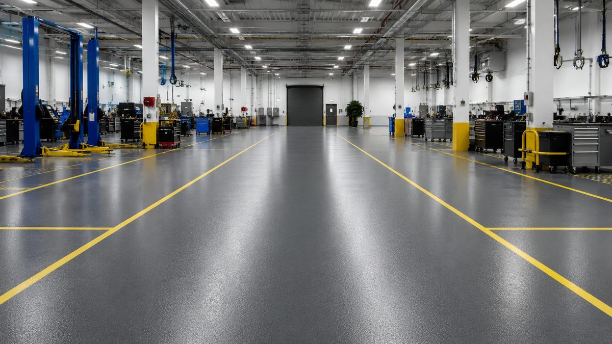 Grey floor coating with yellow safety striping in a commercial service bay