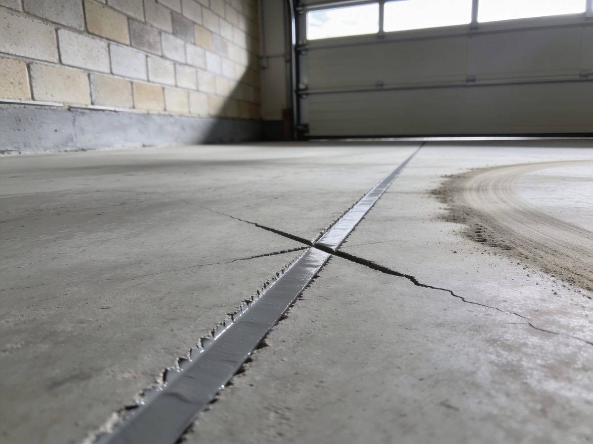 A saw-cut control joint filled flush with grey joint filler crossing a repaired crack on a bare concrete garage floor