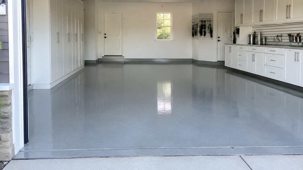 Finished grey epoxy garage floor coating in a residential garage with white cabinetry