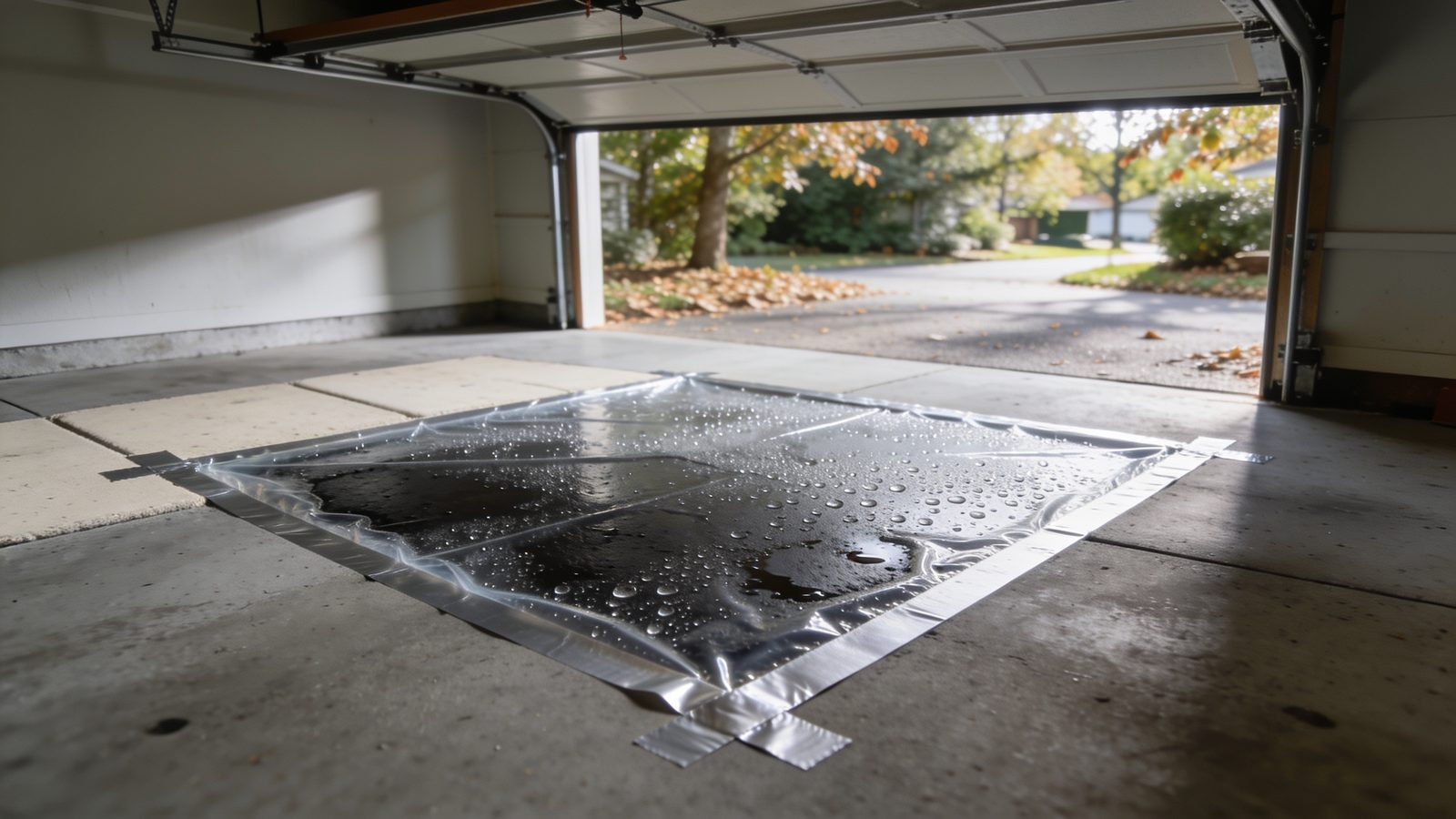 A square of clear plastic taped flat to a bare garage slab with condensation beaded on its underside, the surrounding concrete dry and pale